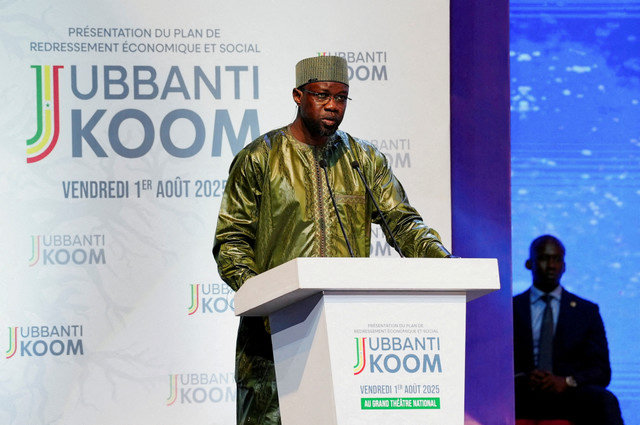FILE PHOTO: Senegal's Prime Minister Ousmane Sonko speaks while presenting an economic recovery plan in Dakar, Senegal, on August 1, 2025. REUTERS/Ngouda Dione/File Photo