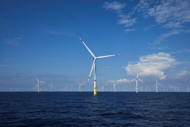 Un proyecto de energía eólica marina en el Mar del Norte alemán, propiedad de EnBW y Enbridge, se observa en esta imagen de distribución tomada en agosto de 2021. Enbridge/Handout via REUTERS