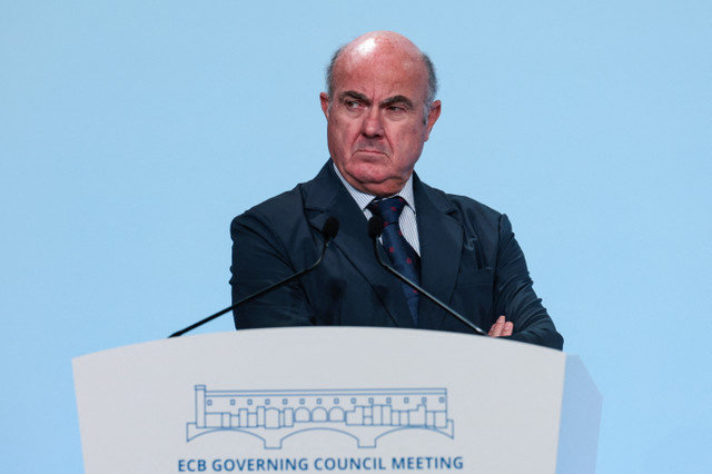 European Central Bank (ECB) Vice-President Luis de Guindos looks on as he, European Central Bank (ECB) President Christine Lagarde, Governor of the Bank of Italy Fabio Panetta and Director General Communications Wolfgang Proissl hold a press conference following the Governing Council's monthly monetary policy meeting in Florence, Italy, October 30, 2025. REUTERS/Remo Casilli