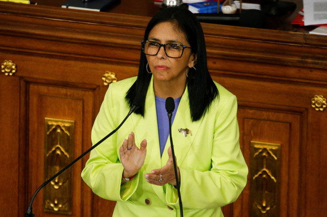 Venezuela's interim president Delcy Rodriguez applauds while delivering her first annual address to the nation at the National Assembly, after the U.S. strike in Caracas that led to the capture of President Nicolas Maduro and his wife, Cilia Flores, in Caracas, Venezuela, January 15, 2026. REUTERS/Leonardo Fernandez Viloria