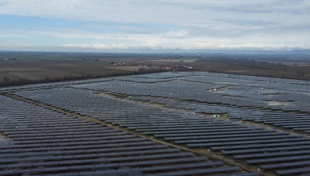 A drone view shows bifacial 540 W solar panels at a solar panels park by energy supplier Enel Green Power, in Trino, Italy, March 5, 2024. REUTERS/Claudia Greco