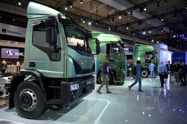 Italian IVECO trucks are displayed at the IAA truck show in Hanover, Germany, on September 17, 2024. REUTERS/Fabian Bimmer