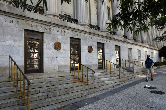 Signage is seen at the United States Department of the Treasury headquarters in Washington, D.C., U.S., August 29, 2020. REUTERS/Andrew Kelly