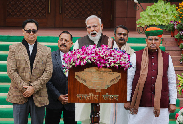 India's Prime Minister Narendra Modi addresses the media upon his arrival at the parliament on the second day of the budget session in New Delhi, India, January 29, 2026. REUTERS/Altaf Hussain