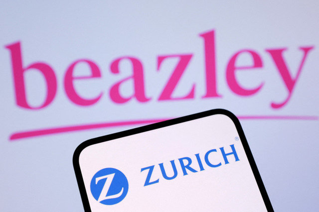 Os logotipos da Zurich Insurance e da Beazley são vistos nesta ilustração feita em 22 de janeiro de 2026. REUTERS/Dado Ruvic/Illustration