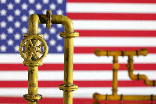 A model of a natural gas pipeline and a U.S. flag are pictured on July 18, 2022. REUTERS/Dado Ruvic/Illustration