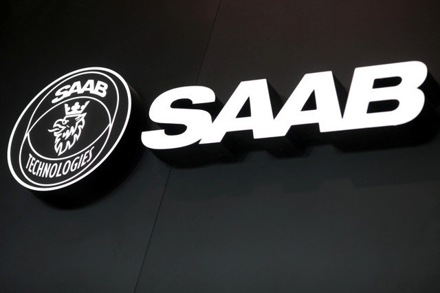 โลโก้ของ Saab Technologies ถูกจัดแสดงในวันที่ห้าของงาน Dubai Airshow ในเมืองดูไบ สหรัฐอาหรับเอมิเรตส์ เมื่อวันที่ 21 พฤศจิกายน 2019 REUTERS/Christopher Pike
