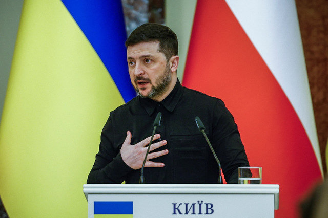 Ukrainian President Volodymyr Zelenskiy speaks during a joint press conference with Polish Prime Minister Donald Tusk (not pictured) in Kyiv, Ukraine, on February 5, 2026, amid Russia's attack on Ukraine. REUTERS/Alina Smutko