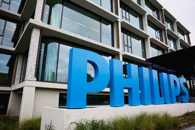 A Philips logo stands outside of the new global Philips Headquarters in Amsterdam, Netherlands, October 16, 2025. REUTERS/Piroschka van de Wouw