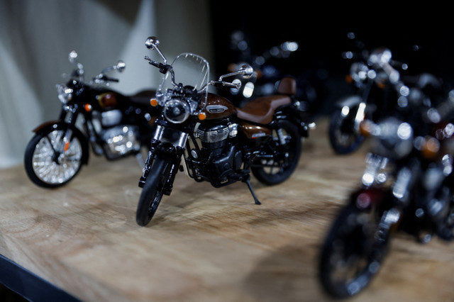 Miniature models of Royal Enfield motorbikes are displayed at the Bharat Mobility Global Expo organized by India's commerce ministry at Pragati Maidan in New Delhi, India, on February 1, 2024. REUTERS/Anushree Fadnavis