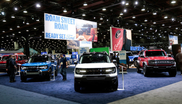 Ford Motor Bronco SUVs are displayed during media day of the Detroit Auto Show in Detroit, Michigan, U.S., on January 14, 2026. REUTERS/Rebecca Cook/File Photo
