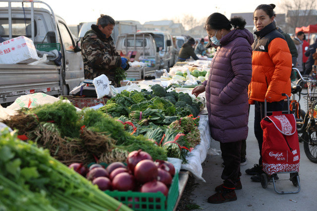 A woman looks at vegetables displayed at a stall at an outdoor market in Beijing, China, January 12, 2024. REUTERS/Florence Lo