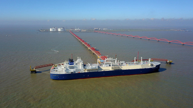 A vessel carrying liquefied natural gas (LNG) from Russia's Yamal LNG project is seen at the Rudong LNG Terminal in Nantong, Jiangsu province, China, on July 19, 2018. China Daily via REUTERS