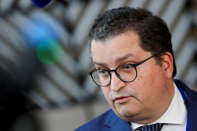 Portuguese Minister of State and of Finance Joaquim Miranda Sarmento takes part in the Eurozone finance ministers' meeting in Brussels, Belgium, November 12, 2025. REUTERS/Yves Herman