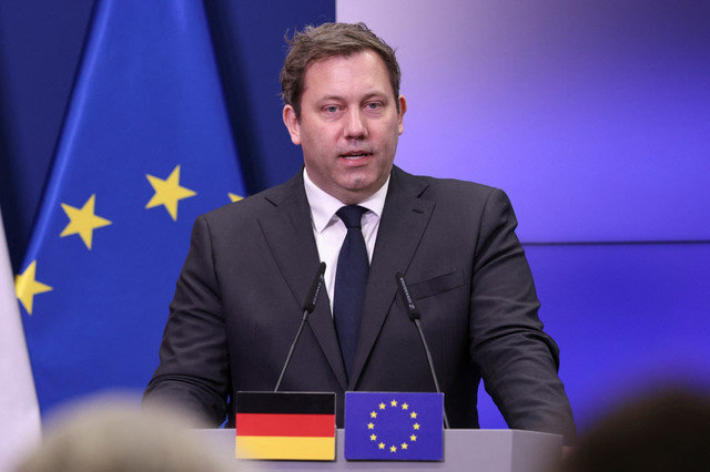 Vice-Chancellor and Federal Minister of Finance of Germany Lars Klingbeil holds a press conference with Polish Minister of Finance and Economy Andrzej Domanski (not pictured) during an official visit in Warsaw, Poland, February 2, 2026. REUTERS/Kuba Stezycki