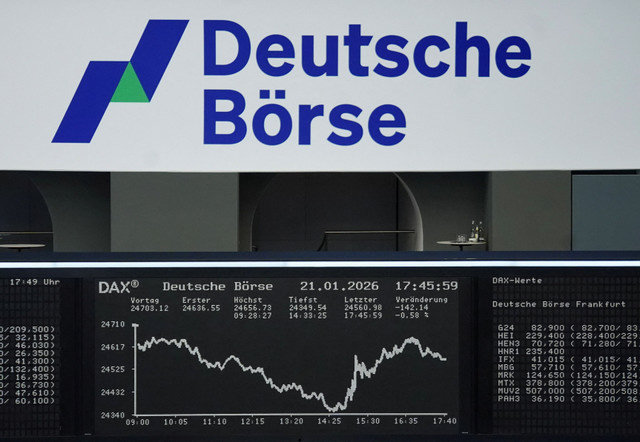 The German share price index DAX graph is pictured at the stock exchange in Frankfurt, Germany, on January 21, 2026. REUTERS/staff
