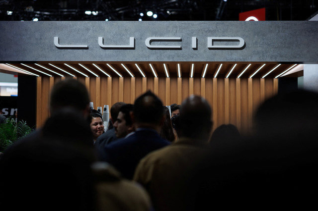 The LUCID logo is displayed at the 'AutoMobility LA' auto show in Los Angeles, California, U.S., on November 20, 2025. REUTERS/Mike Blake