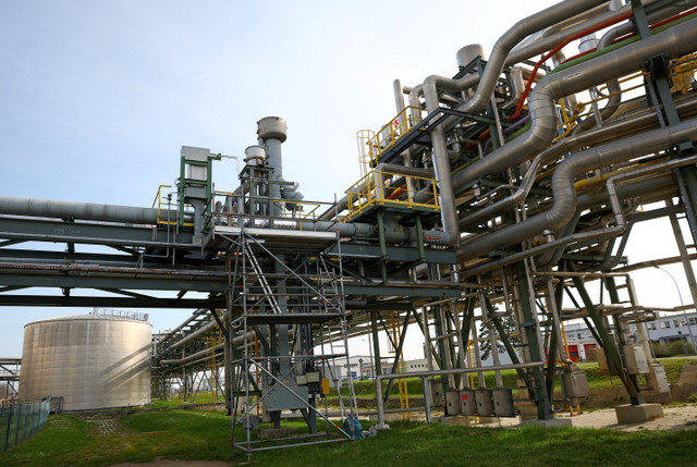 A gas storage facility and pipes are seen at a gas-fired power plant at the InfraLeuna industrial site in Leuna, Germany, on April 2, 2025. REUTERS/Lisi Niesner