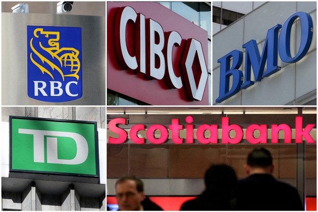 تُظهر صورة مجمعة البنوك الاستثمارية الكندية RBC وCIBC وBMO وTD وScotiabank في تورونتو، أونتاريو، كندا في 16 مارس 2017 و19 يونيو 2024. REUTERS/Chris Helgren/Blair Gable/File Photo