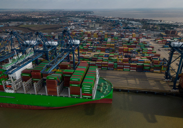 A drone view shows the container ship Ever Art docked at the Port of Felixstowe in Felixstowe, Britain, February 17, 2025. REUTERS/Chris J. Ratcliffe