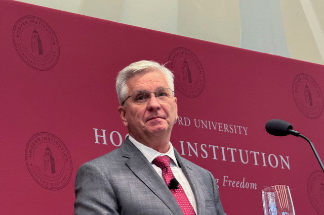 Federal Reserve Governor Christopher Waller delivers remarks at a conference at Stanford University’s Hoover Institution in Palo Alto, California, U.S., October 14, 2024. REUTERS/Ann Saphir
