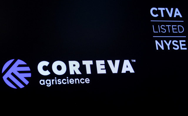 A display at the New York Stock Exchange features the branding and stock performance data for Corteva Agriscience on June 3, 2019. Photo credit: Brendan McDermid/Reuters