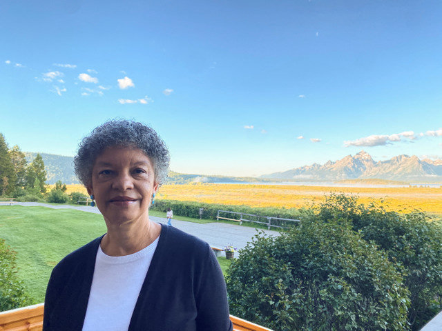 Federal Reserve Bank of Boston President Susan Collins stands behind the Jackson Lake Lodge in Jackson Hole, Wyoming, where the Kansas City Fed holds its annual economic symposium, on August 24, 2023. REUTERS/Ann Saphir