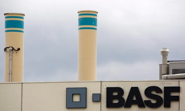 The BASF corporate logo is visible on the facade of a production facility in Schweizerhalle near Basel. REUTERS/Christian Hartmann/File Photo