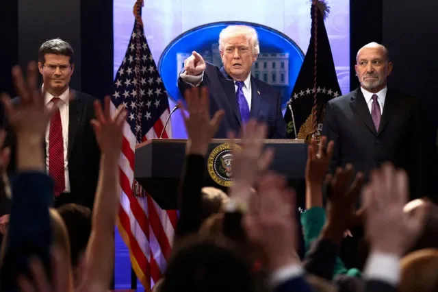 President Donald Trump holds a press briefing at the White House alongside Howard Lutnick and D. John Sauer following a Supreme Court ruling on tariff authority. REUTERS/Kevin Lamarque/File Photo
