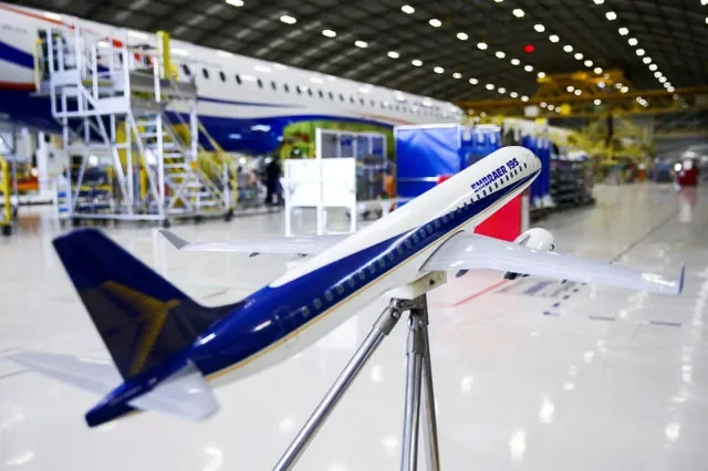 A scale model of an aircraft is displayed at the Embraer production facility in Sao Jose dos Campos, Brazil. Photo: REUTERS/Carla Carniel/File Photo