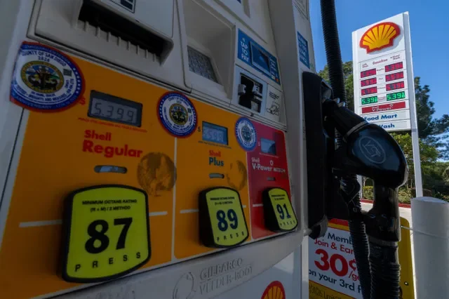 A gas pump in Del Mar, California, displays fuel prices on March 3, 2026. REUTERS/Mike Blake/File Photo