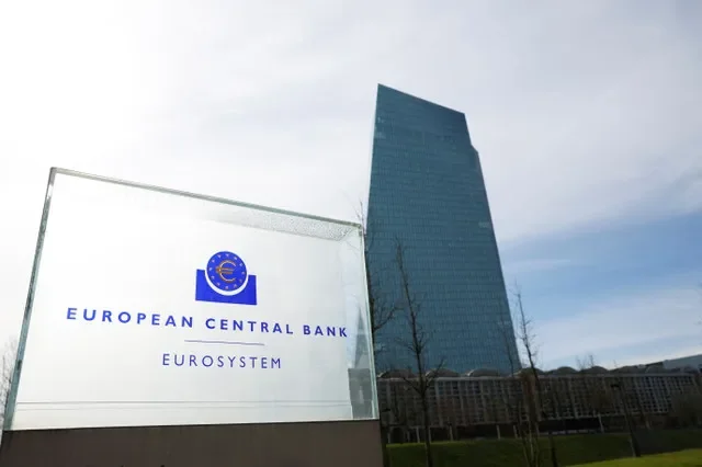 The logo of the European Central Bank is displayed outside its headquarters in Frankfurt, Germany, on March 16, 2023. REUTERS/Heiko Becker