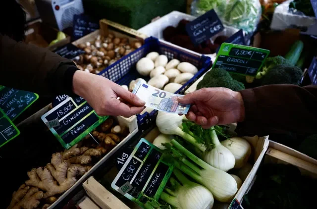 A customer uses a 20 Euro bill to pay for goods at a market in Nantes, France, on February 1, 2024. REUTERS/Stephane Mahe