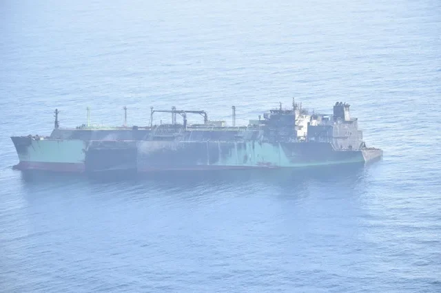 An aerial view provided by the Italian navy captures the damaged Arctic Metagaz tanker floating in international waters following its evacuation. Marina Militare/Handout via REUTERS