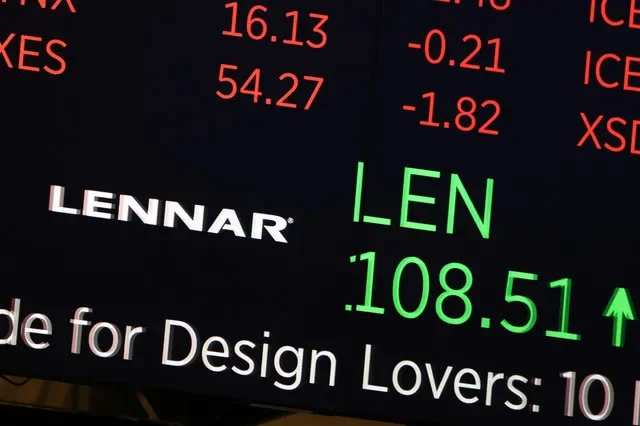 The Lennar Corporation logo and stock ticker are shown on a digital display at the New York Stock Exchange, captured by Andrew Kelly for Reuters.