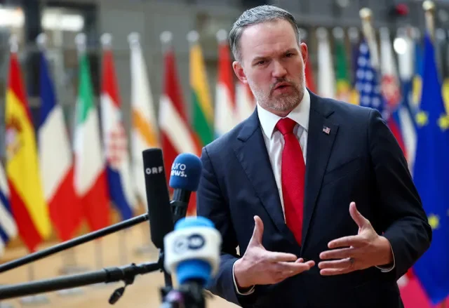 U.S. Trade Representative Jamieson Greer addresses the press during a previous meeting in Brussels. REUTERS/Piroschka van de Wouw/File Photo