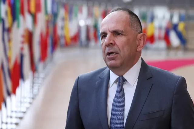Greek Foreign Minister George Gerapetritis addresses the press during an EU summit in Brussels, Belgium, on March 16, 2026. REUTERS/Omar Havana