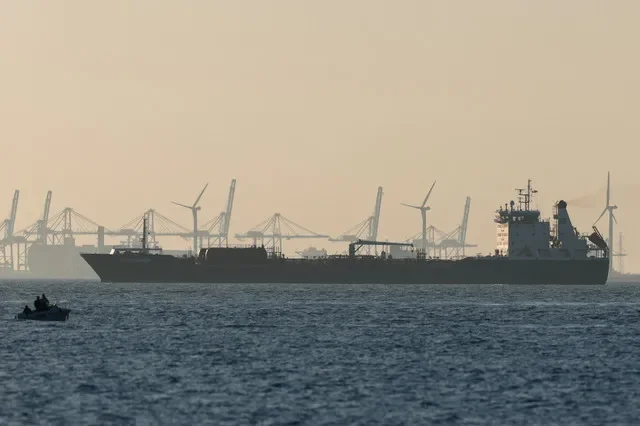 A silhouette of a tanker for oil and chemicals near the Gulf of Fos-sur-Mer, located in Martigues, France, on March 20, 2026. REUTERS/Manon Cruz