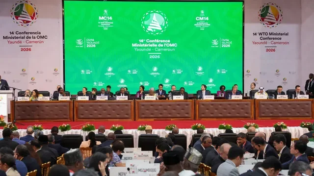 คณะผู้แทนเข้าร่วมการเปิดการประชุมระดับรัฐมนตรีครั้งที่ 14 ขององค์การการค้าโลก (WTO) ณ กรุงยาอุนเด ประเทศแคเมอรูน เมื่อวันที่ 26 มีนาคม 2026 ภาพโดย WTO/Handout via REUTERS