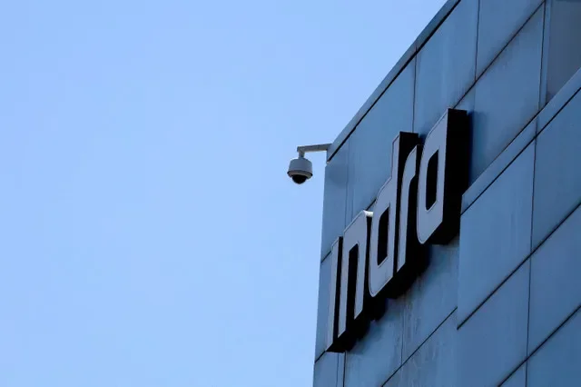 The Indra corporate logo displayed at the company's headquarters in Madrid. REUTERS/Susana Vera/File Photo