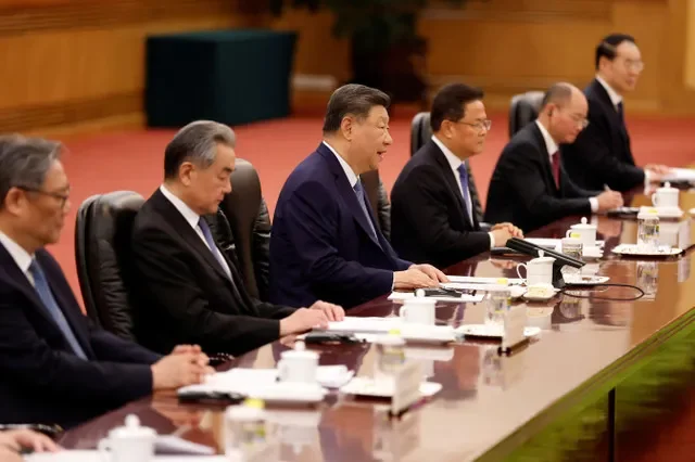 Chinese President Xi Jinping participates in a diplomatic session with representatives from the United Arab Emirates in Beijing on April 14, 2026.