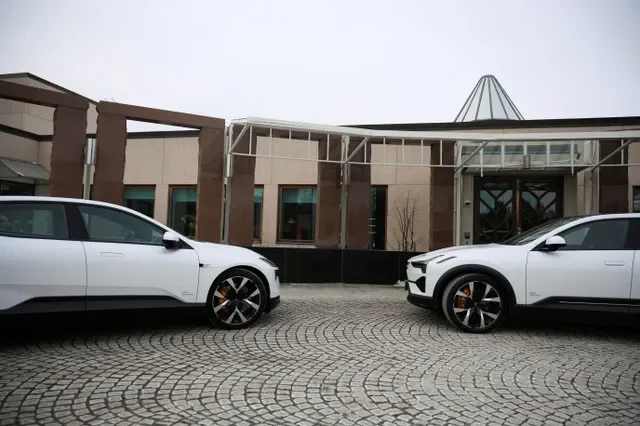 A Polestar 3 and a Polestar 4 are parked outside Polestar's design studio in Gothenburg, Sweden, on February 16, 2026. Photo by Marie Mannes/Reuters.