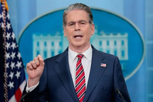U.S. Treasury Secretary Scott Bessent delivers remarks at a White House press briefing in Washington, D.C. on April 15, 2026.