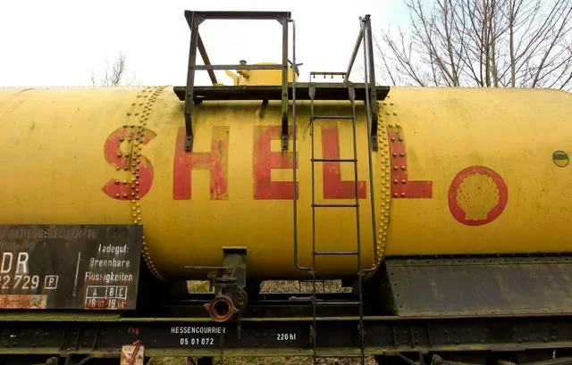 A vintage fuel wagon featuring an older version of the Shell company logo is displayed at a museum in Naumburg, Germany. REUTERS/Arnd Wiegmann