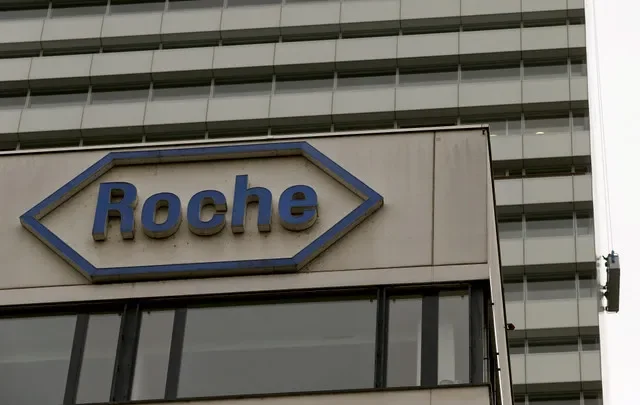 A view of the corporate logo at the Basel headquarters of Swiss pharmaceutical company Roche.