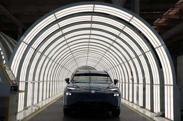 A Volkswagen ID. UNYX 08 electric vehicle being assembled at the company's production facility in Hefei, Anhui province.