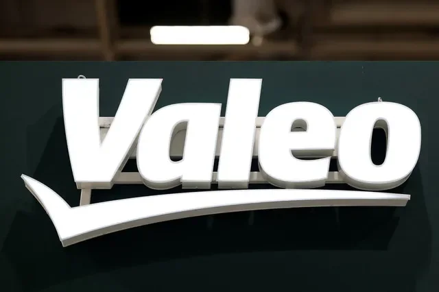 A view of the Valeo corporate logo showcased at a major convention in Paris, France.