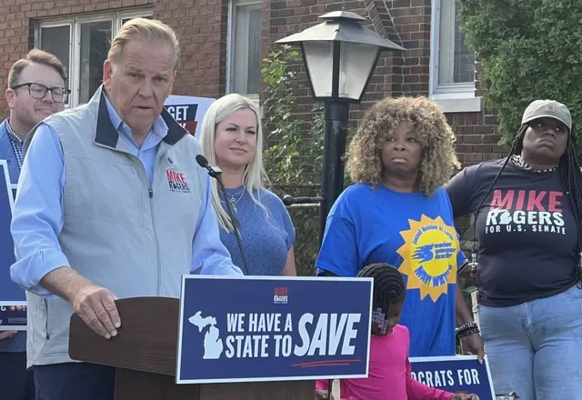 Republican U.S. Senate candidate Mike Rogers speaks at a "Democrats for Rogers" event in Detroit on Thursday, Aug. 20, 2026.