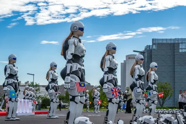 AiMOGA robots by Chery Group are displayed during a delivery ceremony ahead of their export overseas at Chery International Industrial Park in Wuhu, Anhui Province, China, July 30, 2026. cnsphoto via REUTERS
