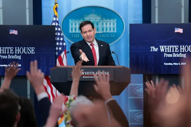 U.S. Secretary of State Marco Rubio looks on as members of the media raise their hands during a press briefing in the James S. Brady Press Briefing Room at the White House in Washington, D.C., U.S., May 5, 2026. REUTERS/Kylie Cooper/File Photo